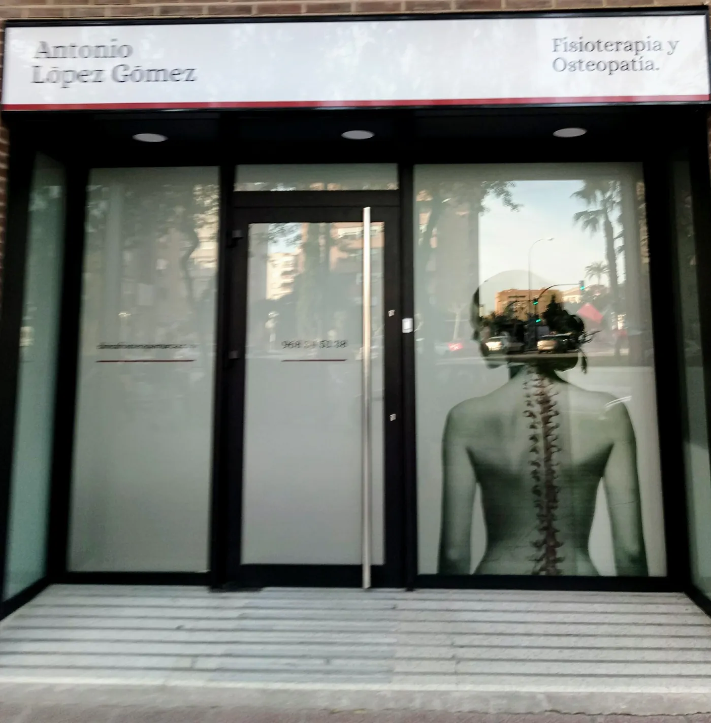 Puerta de entrada de cristal con la lámina de la columna vertebral